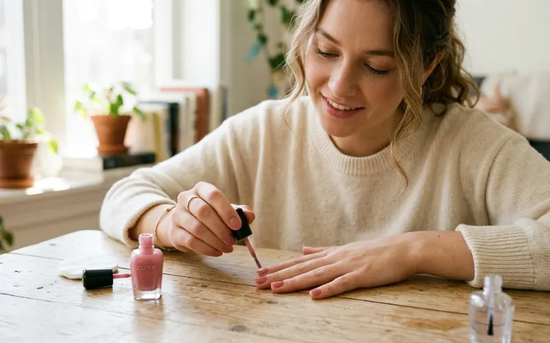 Woman applying air-dry nail polish without lamp, healthy natural nails.