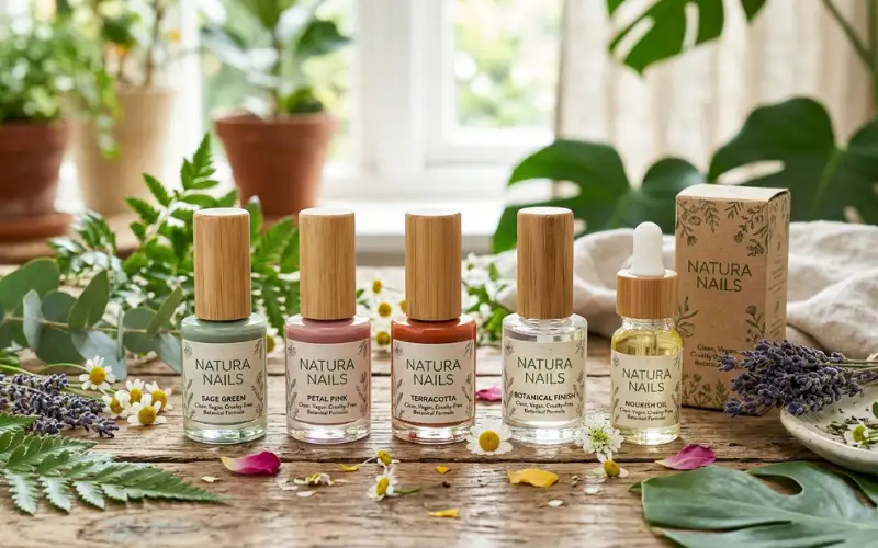 Clean beauty nail products with botanical elements and eco-friendly packaging.