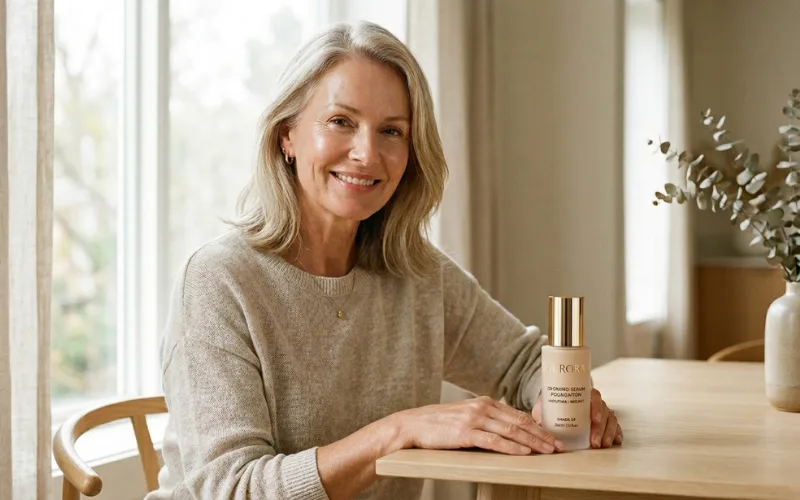Serum foundation bottle beside mature woman with radiant natural skin.