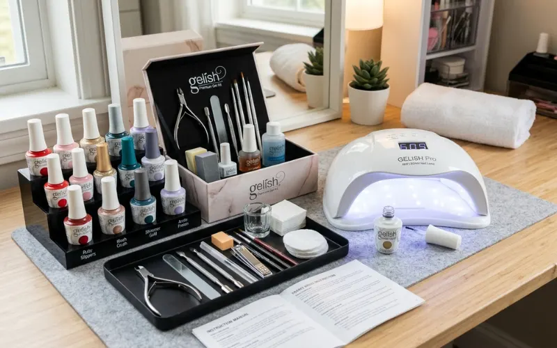 Premium gel nail kit with LED lamp and manicure tools on organized workspace.