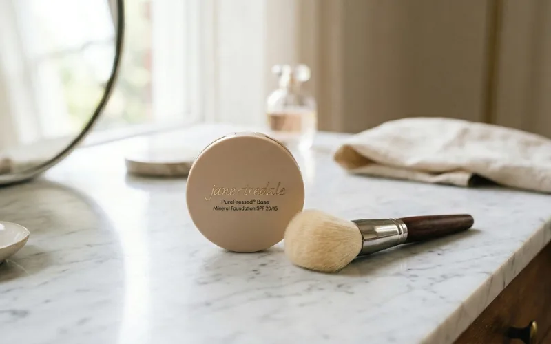 Mineral powder foundation compact with makeup brush on vanity.