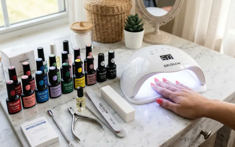 Affordable gel nail kit with multiple colorful polish bottles and lamp.