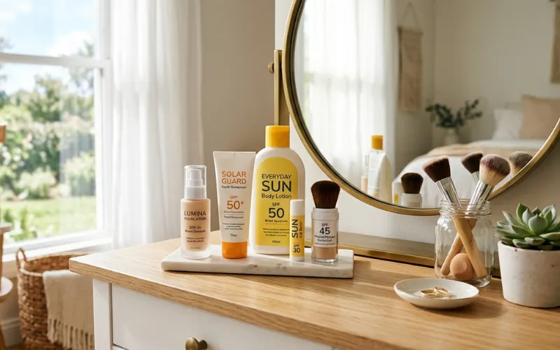 Foundation with SPF and sunscreen essentials on vanity, bright natural daylight.