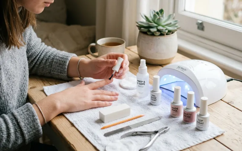 Beginner-friendly gel manicure setup with simple nail products and LED lamp.