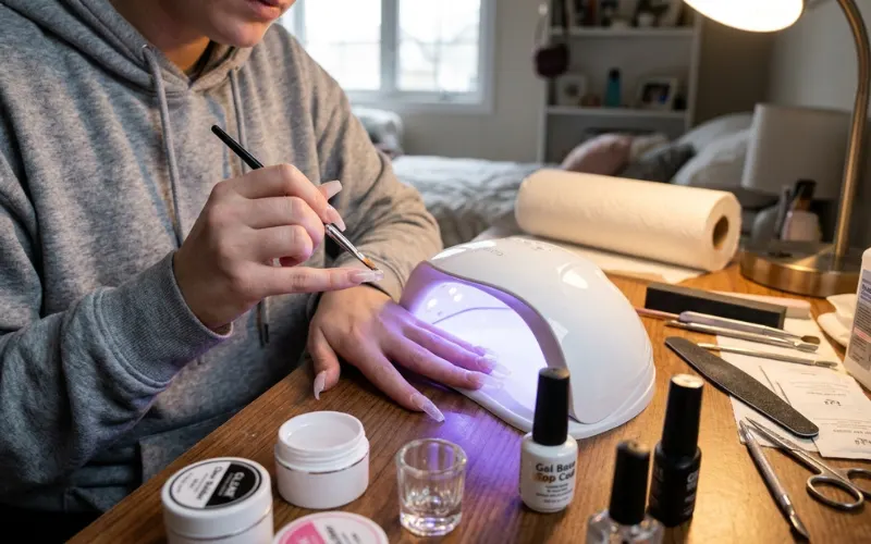Long gel nail extensions being applied at home with nail tools and LED lamp.