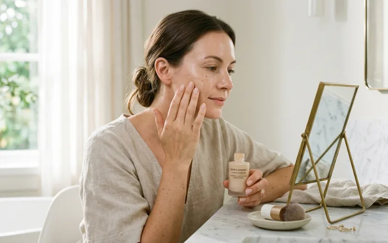 Woman with sensitive skin applying gentle foundation, calm complexion, clean beauty.