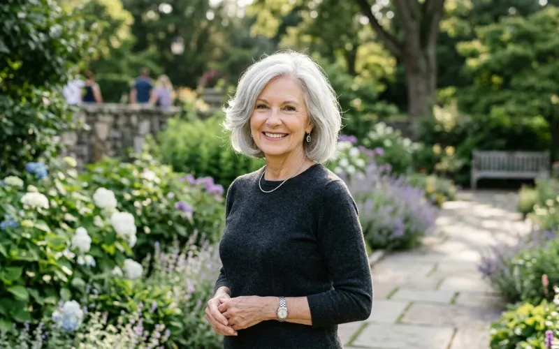 Elegant older woman with glowing silver hair outdoors, healthy cool-toned gray hair.