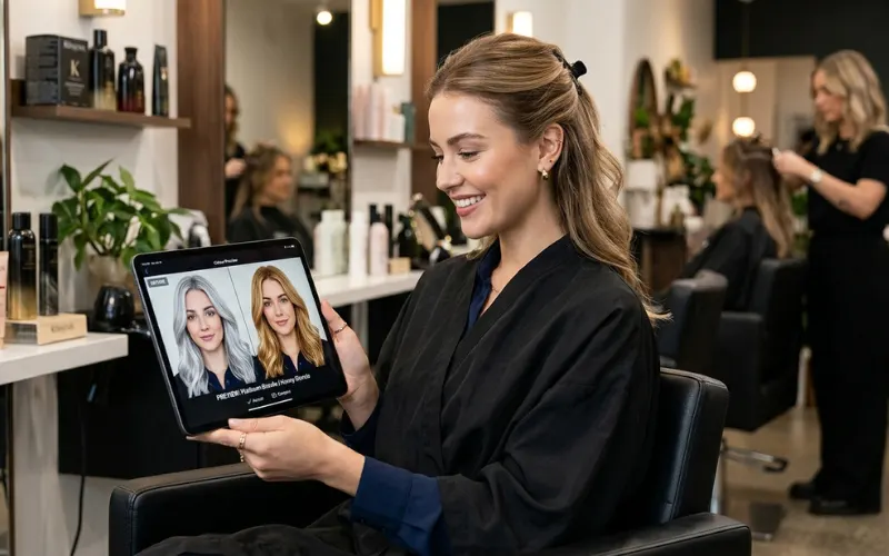 Woman previewing platinum blonde and honey blonde hair digitally, ultra realistic beauty transformation, salon quality.