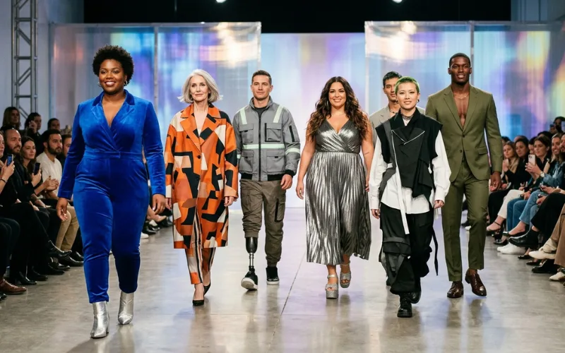 Body confident fashion diversity runway, inclusive models of different body types, modern fashion aesthetic.