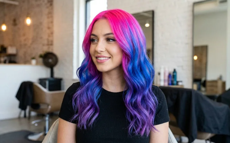 Creative vivid hair color transformation, neon pink blue purple gradient hair.