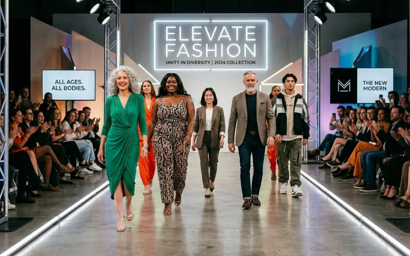 Fashion advertising campaign with models of different ages and body shapes, inclusive runway.
