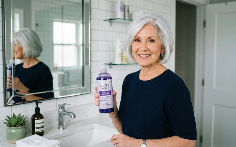Silver-haired woman holding affordable purple shampoo in salon bathroom, bright icy gray hair.