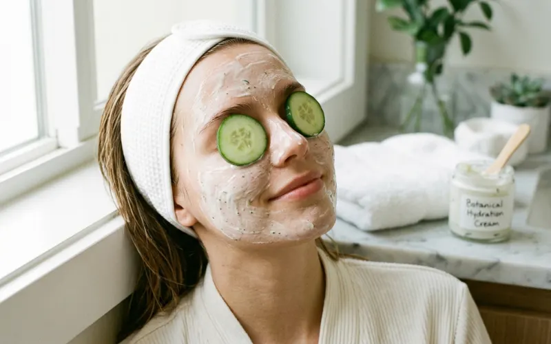 Woman relaxing with a natural skincare face mask and cucumber slices over her eyes during a spa-style self-care routine.