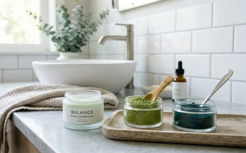 Lightweight moisturizer beside matcha powder and spirulina, oily skin skincare, fresh modern bathroom.