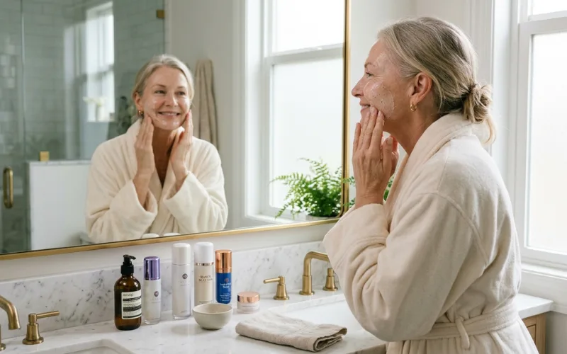 Gentle facial exfoliation routine with skincare products, mature woman, bright bathroom.