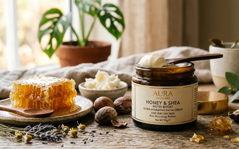 Rich moisturizer jar with honeycomb and shea butter, dry skin hydration concept, luxury skincare.