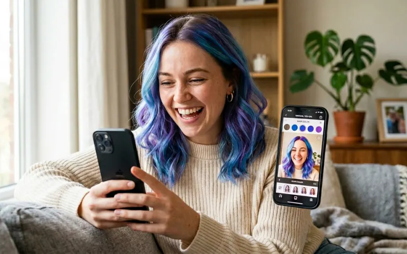 Casual fun virtual hair color test on smartphone camera, simple beauty filter young woman smiling.