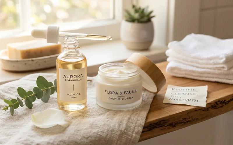 Face oil dropper and moisturizer jar together, skincare layering routine, natural beauty setup.