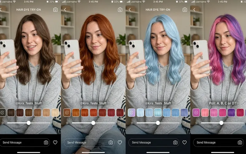 Woman quickly testing multiple hair colors on selfie app, casual realistic social media style.