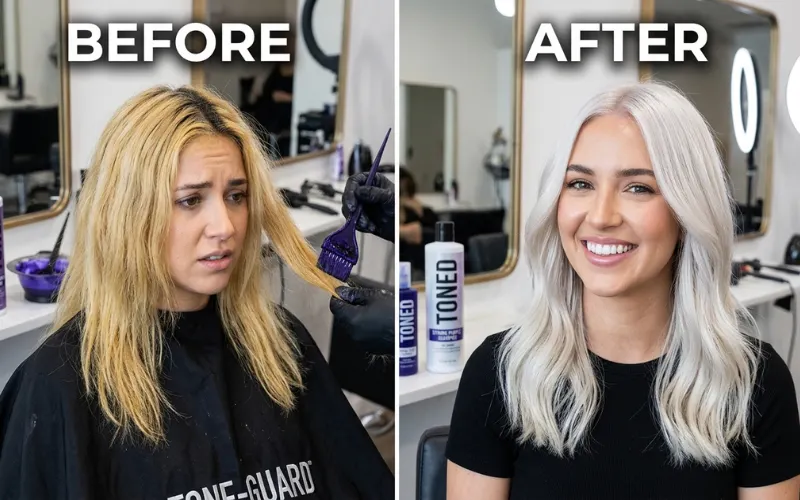 Extreme before-and-after platinum blonde transformation using strong purple shampoo, icy blonde finish.