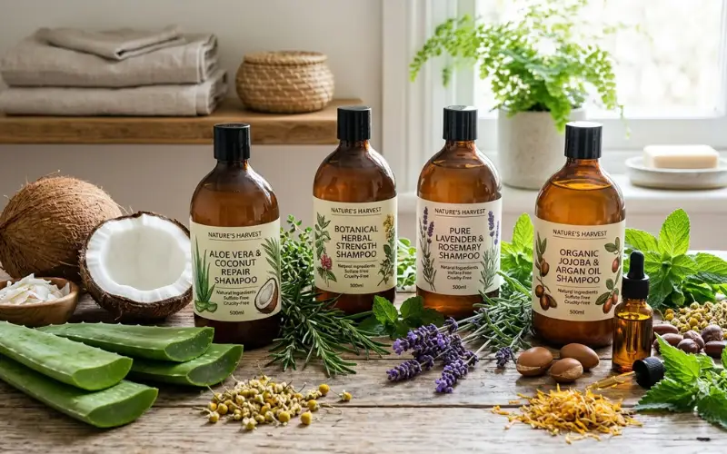 Natural shampoo bottles surrounded by aloe vera, coconut, herbs and botanical ingredients.