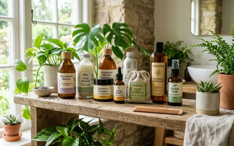 Collection of natural shampoo bottles on wooden shelf, green plants, clean beauty products.