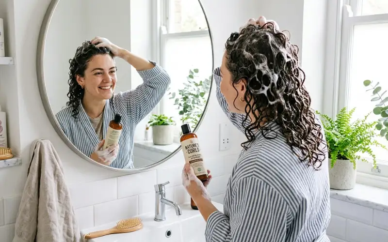 Woman with defined curly hair washing hair, sulfate-free shampoo.