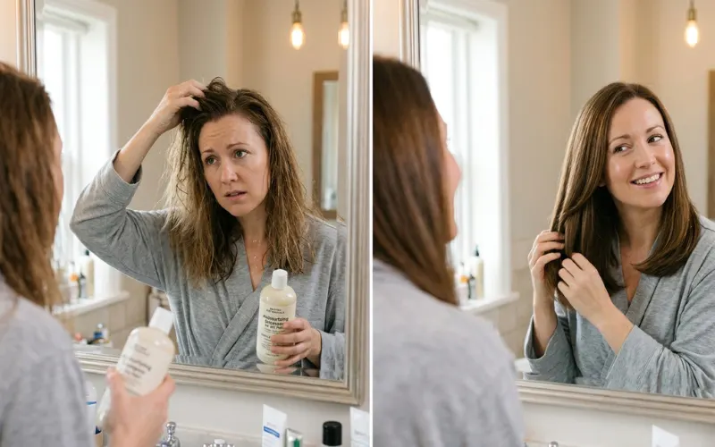 Woman with dry hair applying moisturizing shampoo, healthy hair transformation concept.