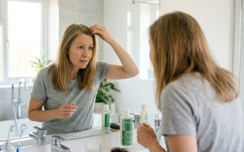 Woman examining thinning hair at the scalp while looking in a bathroom mirror, with hair care products on the counter.