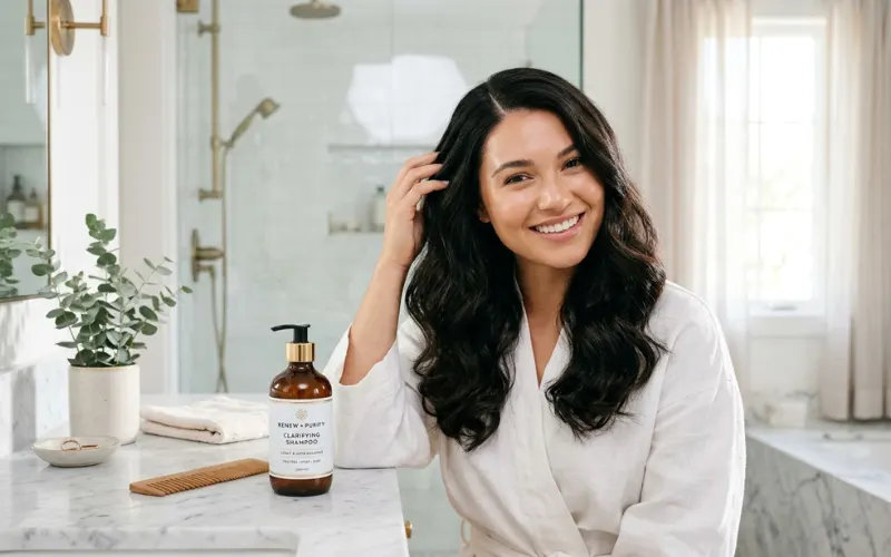 Fresh clean scalp concept, woman with healthy hair, clarifying shampoo bottle.