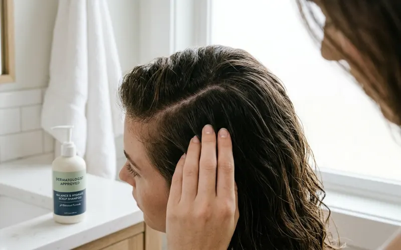 Close-up healthy scalp and hair roots, dermatologist-approved shampoo.