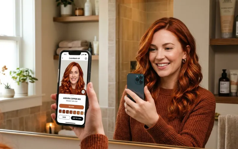 Realistic auburn and copper hair color preview on woman using virtual try-on tool, warm tones.