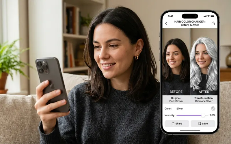 Dark-haired woman testing dramatic silver hair transformation on mobile app, realistic before and after comparison.