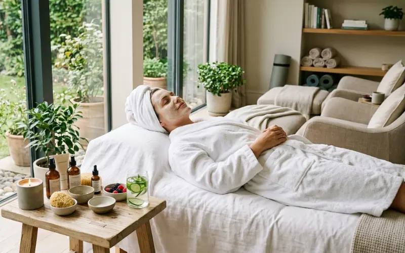 Elegant wellness scene with skincare, relaxation, healthy lifestyle and beauty treatment concept.