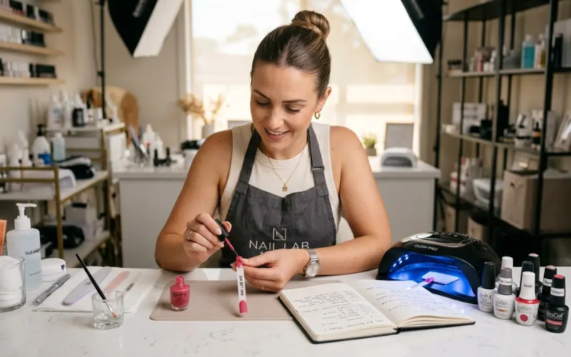 Beauty expert testing gel nail kits on manicure table, nail products and notes.