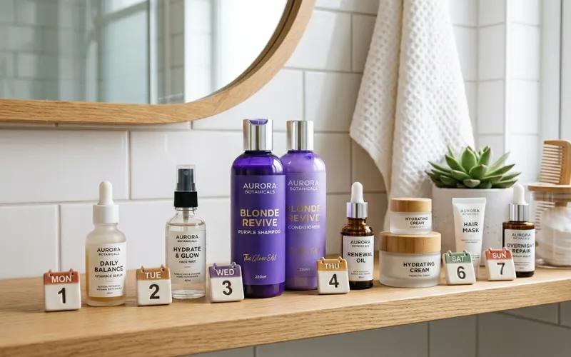 Bathroom shelf routine setup with calendar icons and purple shampoo bottle.