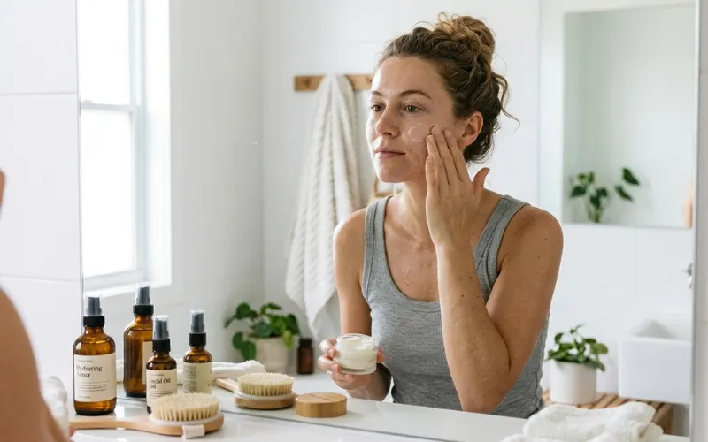 Woman applying moisturizer on damp skin, natural skincare routine, bright bathroom mirror.