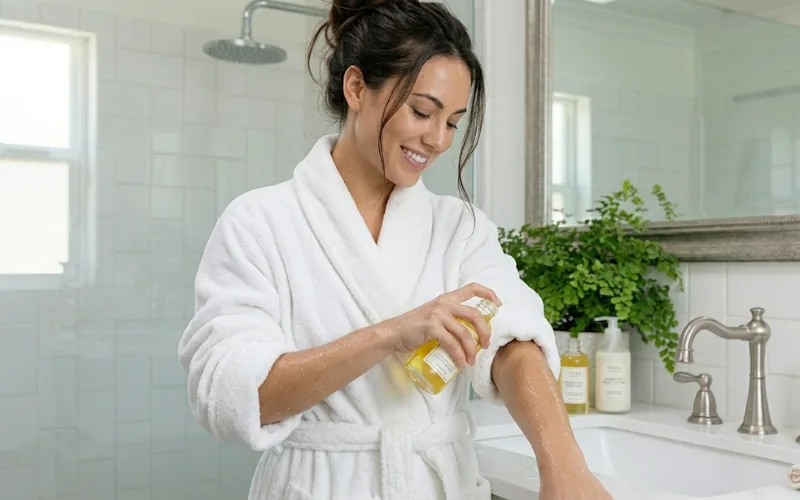 Woman applying body oil to damp arms after shower, spa-like bathroom.