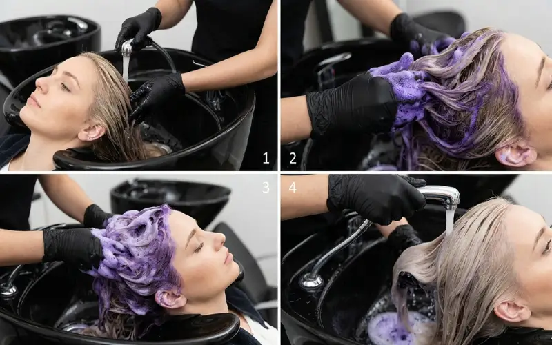 Step-by-step salon washing process with purple shampoo foam on blonde hair.