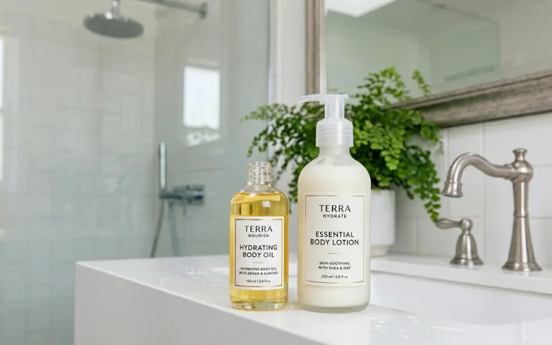 Body oil bottle and body lotion side by side on bathroom counter, skincare comparison.