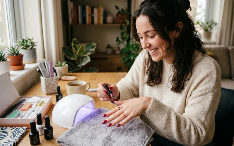 Woman enjoying DIY gel manicure at home, salon-quality nails.
