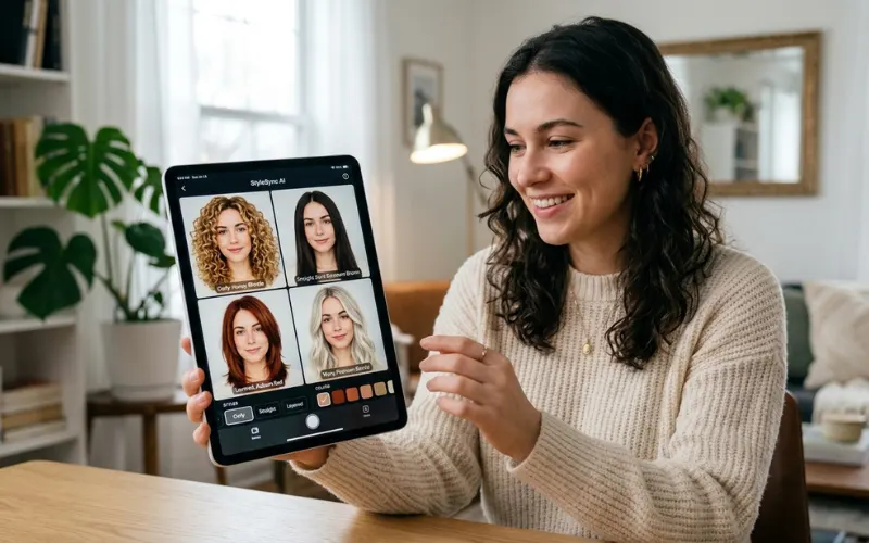 Woman testing virtual hairstyles and hair colors simultaneously on beauty app, curly straight layered hairstyles.