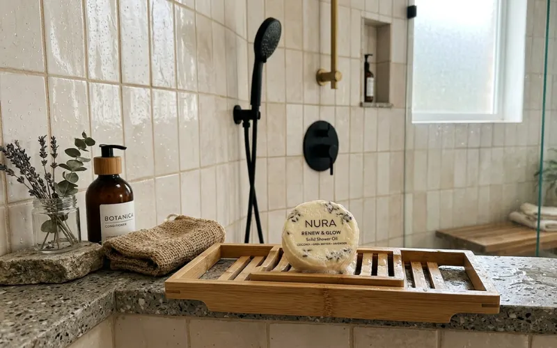 Solid shower oil bar in modern shower, eco-friendly skincare product, spa bathroom setting.