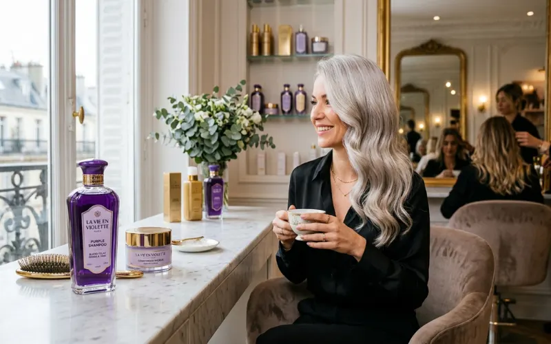 Luxury haircare setup with elegant purple shampoo bottle, hydrated silver blonde hair.
