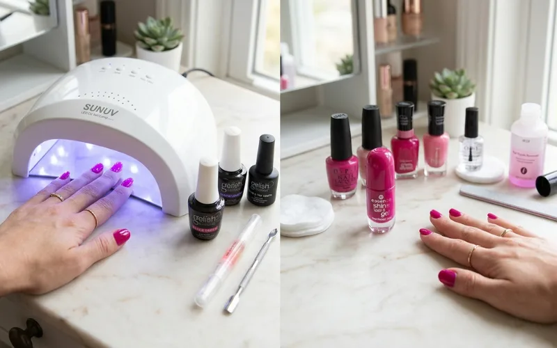 LED nail lamp and traditional nail polish displayed side by side, beauty comparison concept.