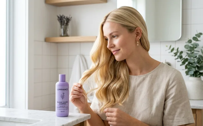 Soft blonde hair with healthy shine beside sulfate-free purple shampoo bottle, minimalist bathroom.