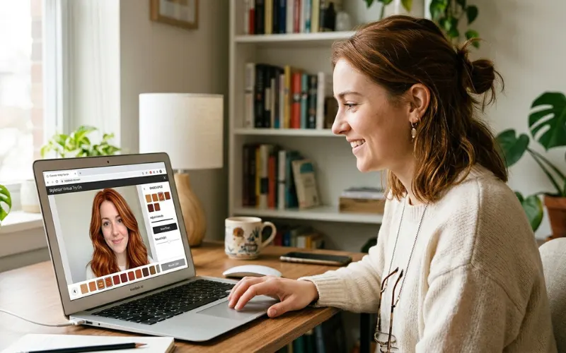 Woman using browser-based virtual hair color try-on tool, realistic ginger spice hair shade preview.