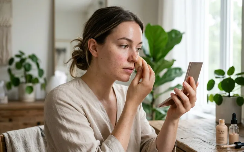 Woman applying light foundation coverage only on targeted facial areas, natural finish.