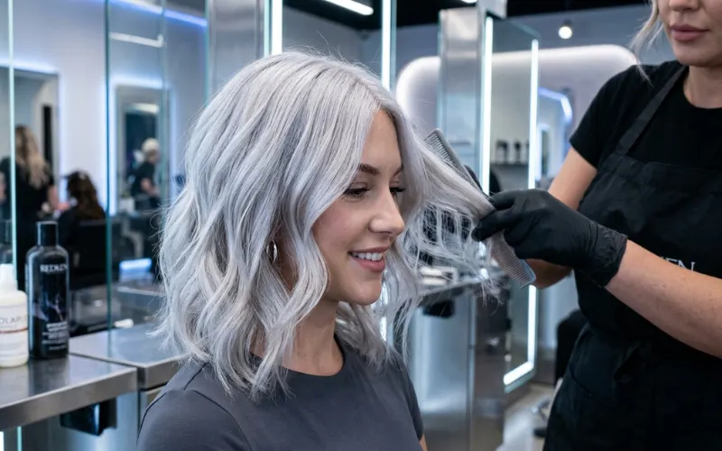 Icy silver-white hair transformation with cool metallic tones, futuristic salon aesthetic, realistic close-up hair texture.
