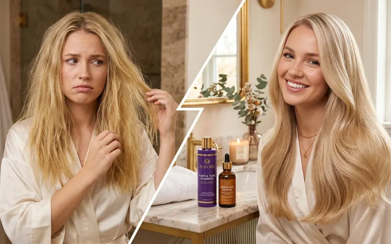 Dry blonde hair becoming soft and glossy after purple shampoo treatment.